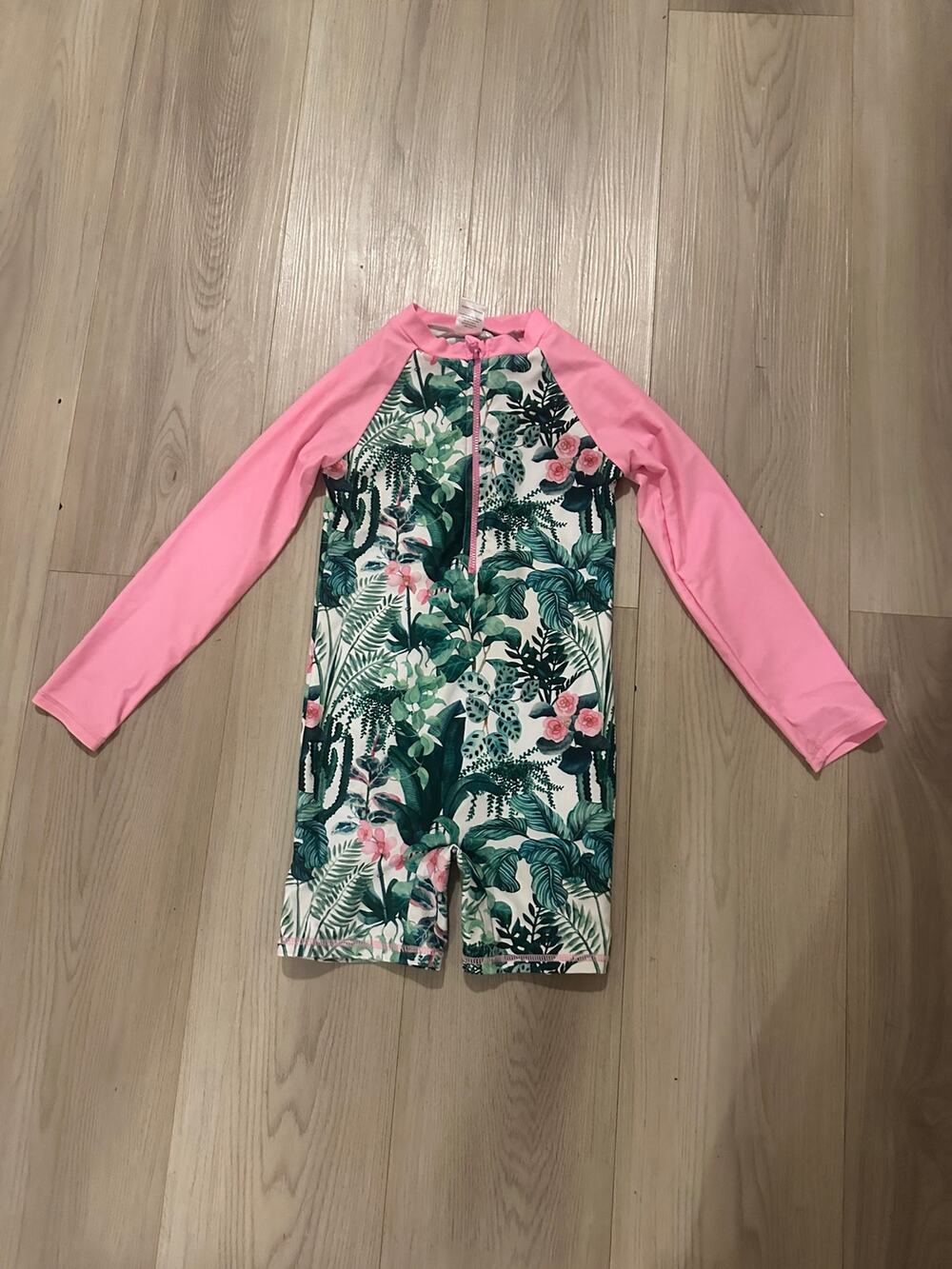 Girls Size 6 Tropical Leaf Pink Floral Long Sleeve  One Piece Swimsuit